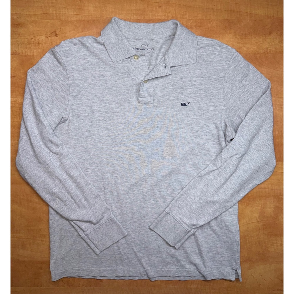 Vineyard Vines Mens Small Gray Long Sleeve Pique Cotton Whale Logo Polo Shirt
